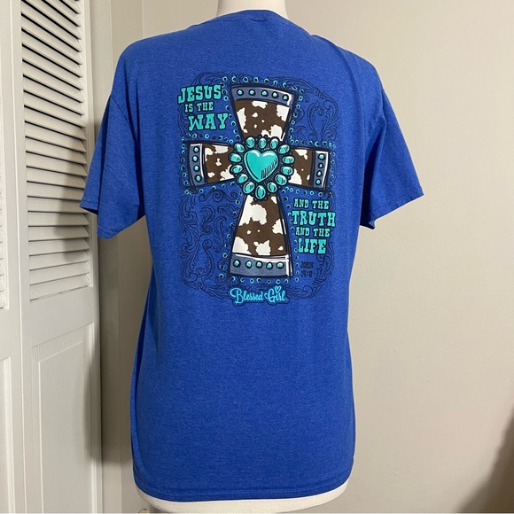Women’s Blessed Girl Turquoise and Cow Print Cross Graphic M Medium - Picture 1 of 9